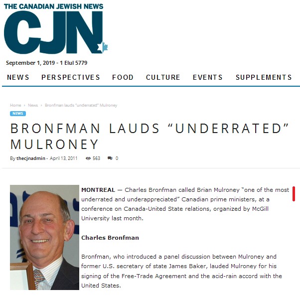 Artikel vom 13.4.2011: Der WJC-Zionist
Charles Bronfman lobt den kanadischen Präsidenten
Mulroney als am meisten unterbewertete Person Artikel vom 13.4.2011: Der WJC-Zionist Charles
Bronfman lobt den kanadischen Präsidenten Mulroney
als am meisten unterbewertete Person