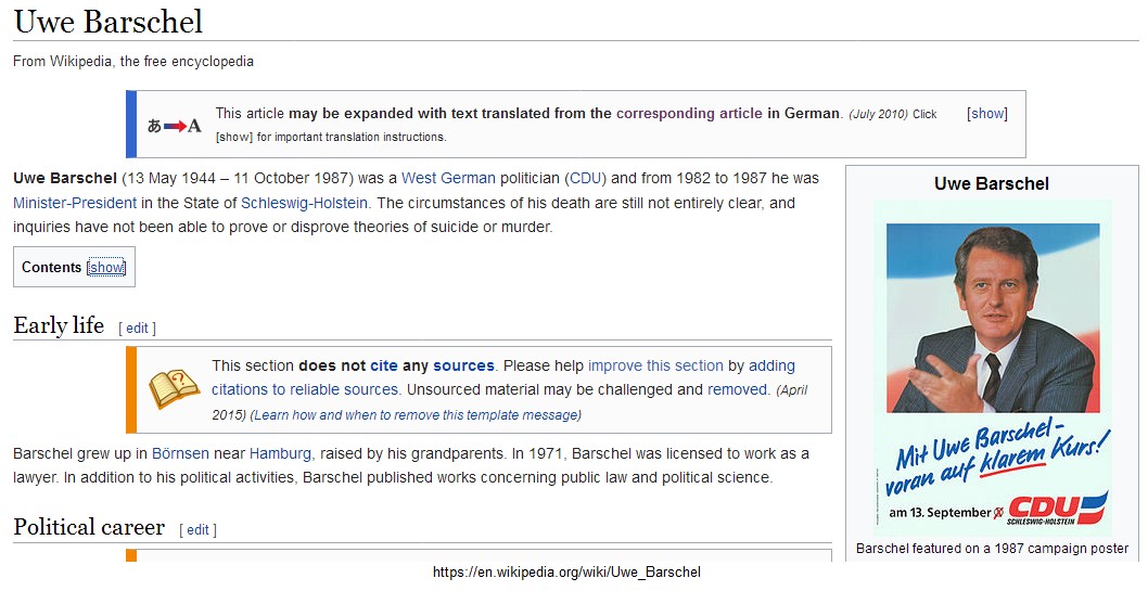 Der englische Wikipedia-Artikel
                  ber Barschel (Link) [Barschel war Ministerprsident
                  von Schleswig-Holstein und war mit U-Booten fr Israel
                  beschftigt]