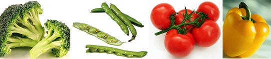 Verduras, por ejemplo brócoli, judías,
tomates, y un pimiento amarillo Verduras, por ejemplo brócoli, judías,
tomates, y un pimiento amarillo