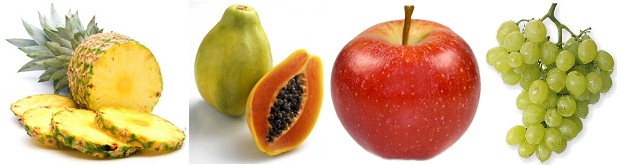 Frutas, por ejemplo
jugo de piña, jugo de papaya, jugo de manzana,
y uvas Frutas,
por ejemplo jugo de piña, jugo de papaya, jugo
de manzana, y uvas