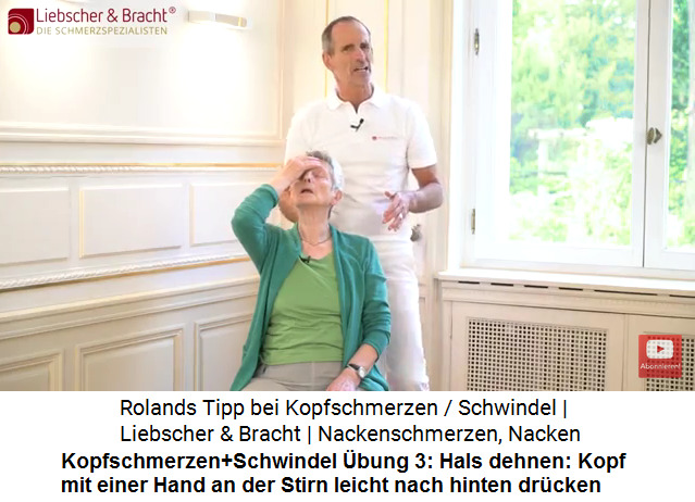 Kopfschmerzen Video 3
                      bung 3: Den gesamten Hals dehnen, den Kopf an der
                      Stirn leicht nach hinten drcken