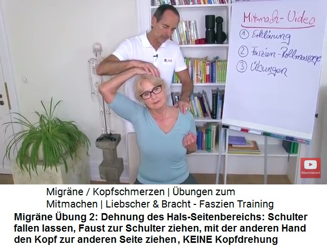 Migrne bung 2a: Die
                    Seite am Hals wird gedehnt: Schulter fallenlassen,
                    Faust zur Schulter ziehen, Kopf schaut geradeaus,
                    mit der anderen Hand den Kopf am Oberkopf zur einer
                    Seite ziehen