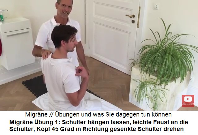 Migrnestrang dehnen 01
                    mit 45 Grad gedrehtem Kopf in Richtung hngende
                    Schulter, Kopf in die entgegengesetzte Richtung
                    ziehen