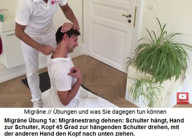 Migrnestrang dehnen 02 mit 45 Grad gedrehtem
                    Kopf in Richtung hngende Schulter, Kopf in die
                    entgegengesetzte Richtung ziehen