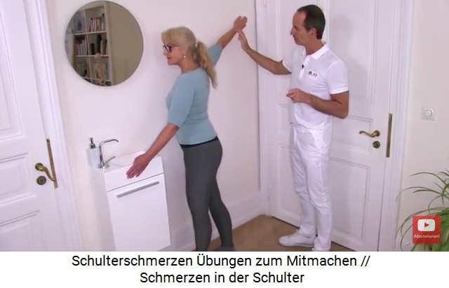 bung 2 gegen Schulterschmerzen:
                  Schulterdehnung nach aussen an einer Wand mit dem Arm
                  30 Grad nach oben gestreckt (30-Grad-Winkel)