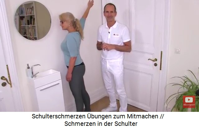 bung 3 gegen
                    Schulterschmerzen: Schulterdehnung nach aussen an
                    einer Wand mit dem Arm 45 Grad nach oben gestreckt
                    (45-Grad-Winkel)