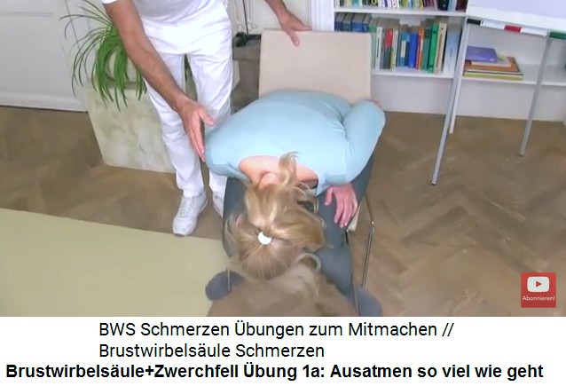 Brustwirbelsule+Zwerchfell Video 1 bung 1a:
                      Heftig ausatmen, sich dabei nach vorne beugen und
                      dabei die Restluft ausstossen