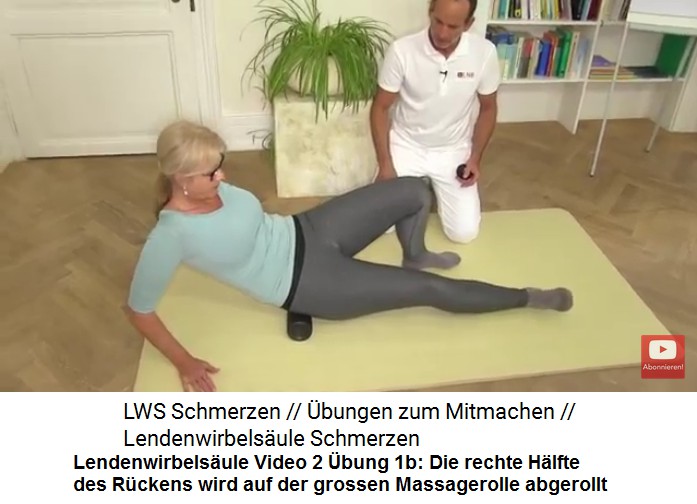 Lendenwirbelsule Video 2 bung 1b: Die
                      rechte Rckenhlfte wird mit der grossen
                      Massagerolle abgerollt