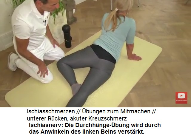 Den Unterleib fr den
                      Ischiasnerv entspannen: Die Durchhngebung mit
                      dem linken Bein angewinkelt ist eine Variation der
                      Spannung
