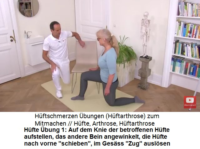 Hfte+Hftgelenk bung
                      1: Auf dem Knie der betroffenen Hfte aufstellen,
                      das andere Bein angewinkelt, die Hfte nach vorne
                      "schieben", im Gesss "Zug"
                      auslsen