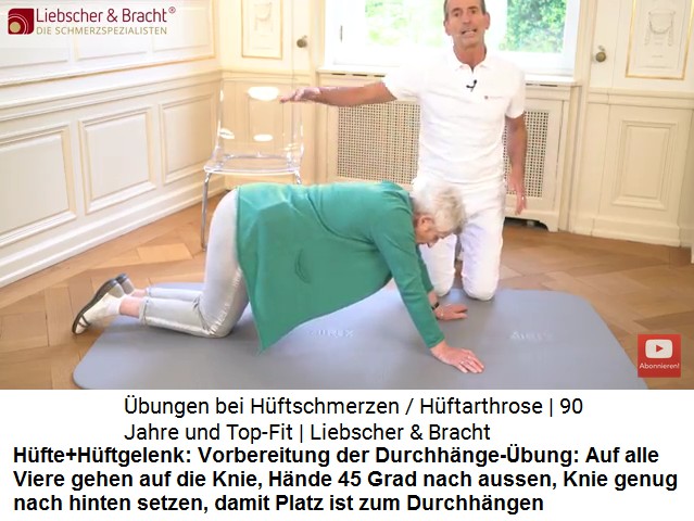 Hfte+Hftgelenk bung
                      2-1: Vorbereitung der Durchhnge-bung: Auf alle
                      Viere gehen auf die Knie, Hnde 45 Grad nach
                      aussen drehen, Knie genug nach hinten setzen,
                      damit Platz ist zum Durchhngen