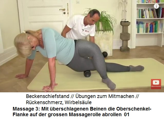 Beckenschiefstand
                      Massage 3: Mit berschlagenen Beinen wird die
                      Flange des Oberschenkls bis zur Hfte auf der
                      grossen Massagerolle abgerollt 01