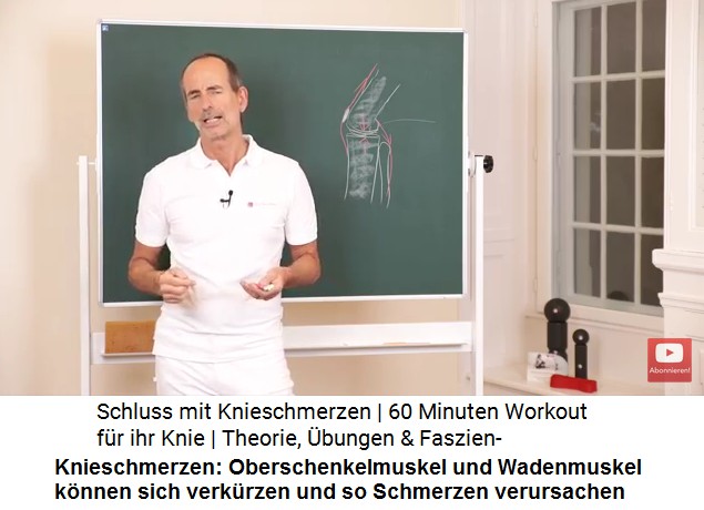 Pionier Liebscher-Bracht mit seiner
                        Zeichnung des Knies mit Oberschenkelstrecker und
                        Wadenmuskel: Oberschenkelmuskel und Wadenmuskel
                        knnen sich verkrzen und so Schmerzen
                        verursachen