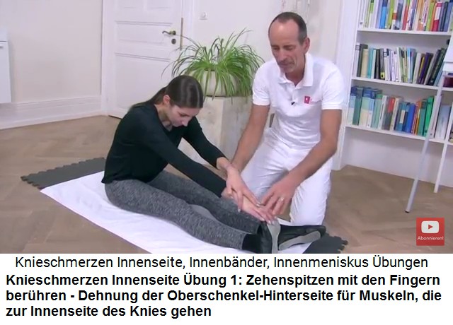 Knieschmerzen an der
                      Innenseite des Knies, bung 1a: Mit den Fingern
                      die Zehen berhren, dadurch werden die Wade und
                      die Oberschenkel-Hinterseite gedehnt