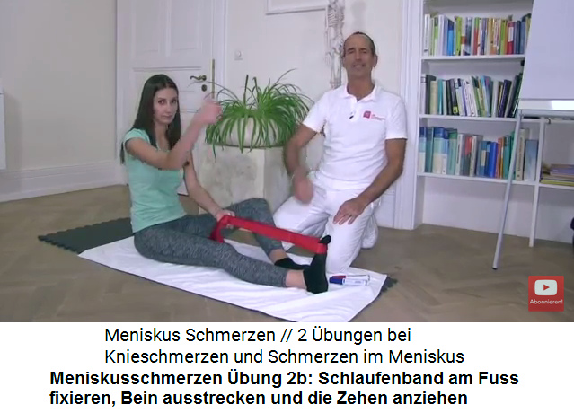 Meniskusschmerzen bung
                      2b: Ein Schlaufenband um den Fuss legen, das Bein
                      ausstrecken und die Zehen maximal nach hinten
                      ziehen zur Dehnung der Wade und der
                      Oberschenkel-Unterseite