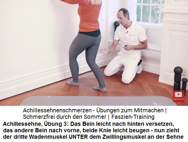Achillessehne bung
                              3: Beide Knie angewinkelt an der Wand, der
                              dritte Wadenmuskel unter den
                              Zwillings-Wadenmuskeln zieht an der
                              Achillessehne