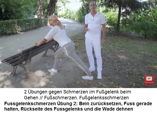 Fussgelenkschmerzen
                      bung 2: Dehnung der Rckseite des Fussgelenks und
                      der Wade: Das Bein ist nach hinten versetzt, der
                      Fuss muss gerade gestellt und die Ferse am Boden
                      sein, dann wird das andere Knie langsam
                      vorgeschoben und abgesenkt, um die Spannung zu
                      erhhen