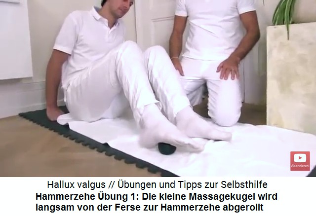 Hammerzehe (Hallux
                      valgus) bung 1: Der betroffene Fuss wird auf der
                      kleinen Massagekugel von der Ferse zur Hammerzehe
                      hin abgerollt - und zurck
