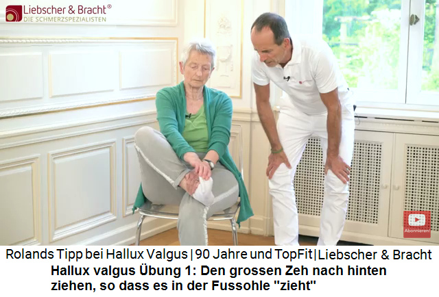 Hallux
                                  valgus Video 3 bung 1: Die Beine
                                  werden bereinandergeschlagen und der
                                  Grosse Zeh des Hallux valgus wird nach
                                  hinten gezogen und so an der Fusssohle
                                  ein "Zug" ausgelst