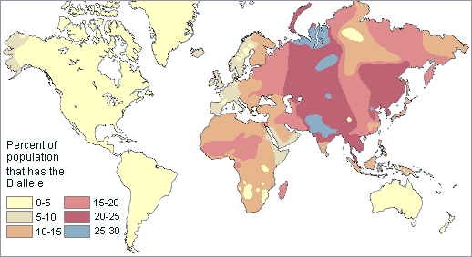 Map: blood group B
world wide, today Map: blood
group B world wide, today
