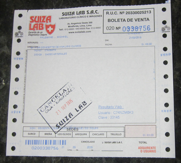 el
recibo de "Suiza Lab" de 69 soles para
el test pH en la sangre el recibo de "Suiza Lab" de 69
soles para el test pH en la sangre