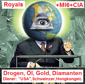 Das Pyramidenauge mit den
                        kriminellen Royals und ihren direkten,
                        kriminellen Geheimdiensten MI6 und CIA. Die
                        Dienergruippen sind die "USA", die
                        Schweinz und Hongkong etc.