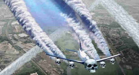 Chemtrail-Flugzeug mit
                            Totenkopf - Chemtrails mit Nanoteilchen von
                            Metallen sind tödlich