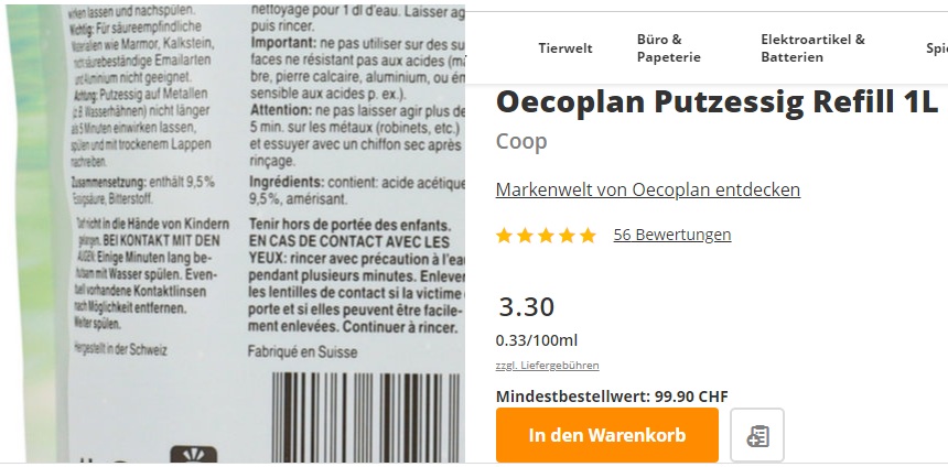 Putzessig mit Essigsäure 9,5% vom COOP,
                    Inhaltsangabe Putzessig mit Essigsäure 9,5%
                    vom COOP, Inhaltsangabe