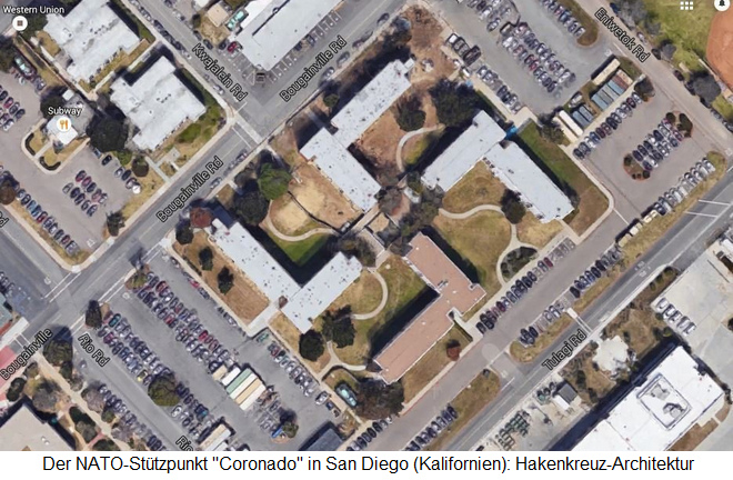 NATO-Hakenkreuz-Architektur auf
dem NATO-Stützpunkt
"Coronado" in San Diego
(Kalifornien) NATO-Hakenkreuz-Architektur auf
dem NATO-Stützpunkt
"Coronado" in San Diego
(Kalifornien)