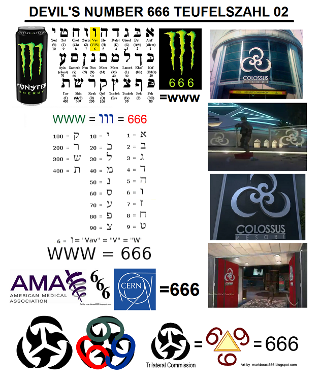 Sammelfoto 02 mit Logos mit der
                  satanistischen Teufelszahl 666
