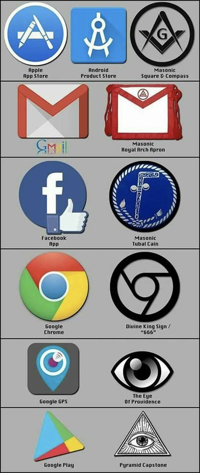 Symbole von google und
                  den Freimaurern sind praktisch identisch: Apple App
                  Store, Android Product Store, Google Mail, Facebook
                  App, Google Chrome, Google GPS, Google Play