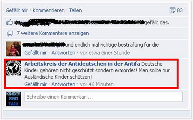 Die geisteskranke Antifa in
                  Deutschland will deutsche Kinder ermorden -
                  "Arbeitskreis der Antideutschen in der
                  Antifa", 2.7.2014
