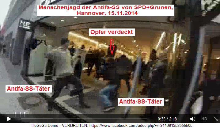 Menschenjagd der kriminellen
                                  Antifa-SS gegen unbewaffnete
                                  Fussballfans, Angriff auf ein Opfer
                                  bei einem Geschäftseingang - Hannover,
                                  15.11.2014