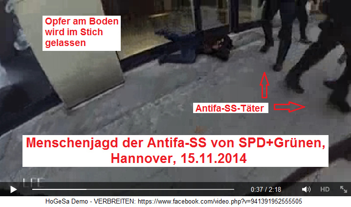 Menschenjagd der kriminellen
                                  Antifa-SS gegen unbewaffnete
                                  Fussballfans, ein Opfer liegt am Boden
                                  - Hannover, 15.11.2014