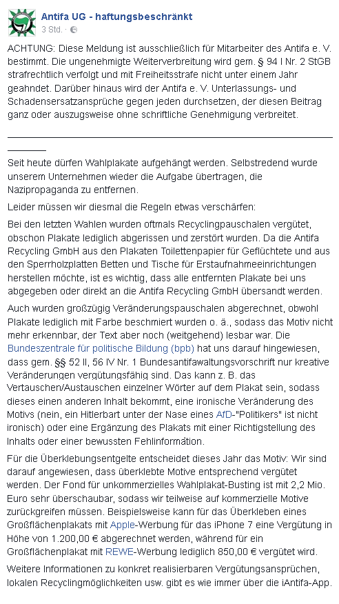 Kriminelle Antifa bezahlt Aktionen
                            gegen Plakate