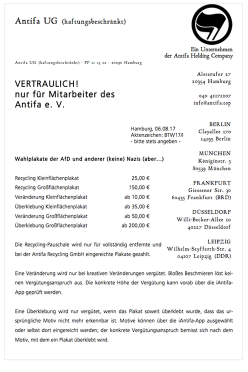Die Preisliste der
                              kriminellen Antifa f�r Zerst�rungsaktionen
                              gegen Plakate