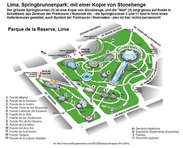 Lima, der
Springbrunnenpark (Parque de la Reserva) mit
einer Kopie von Stonehenge; die
"Mall" zeigt direkt auf Roslin in
Schottland, und zwei weitere Springbrunnen
sind in Form eines Keltenkreuzes gebaut - auch
ein Pyramidenspringbrunnen ist vorhanden -
nichts ist peruanisch hier! Lima, der Springbrunnenpark (Parque de la
Reserva) mit einer Kopie von Stonehenge; die
"Mall" zeigt direkt auf Roslin in
Schottland, und zwei weitere Springbrunnen
sind in Form eines Keltenkreuzes gebaut - auch
ein Pyramidenspringbrunnen ist vorhanden -
nichts ist peruanisch hier!