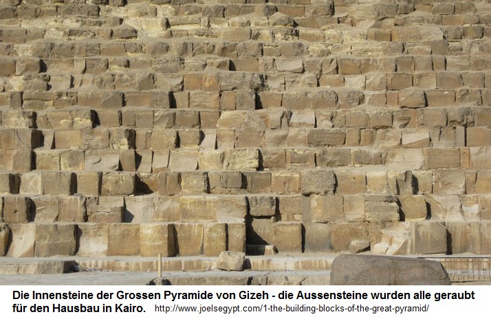 Grosse Pyramide von Gizeh, die Aussensteine
                    wurden alle geklaut und für Häuser in Kairo
                    verwendet - es blieben die Innensteine