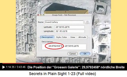 Die Position der "Grossen
                            Galerie" der Grossen Pyramide ist auf
                            29,9792458 nrdliche Breite (N LAT), auch
                            die Lichtgeschwindigkeit im Vakuum ist mit
                            dieser Zahl verbunden: 299.792.458m/s