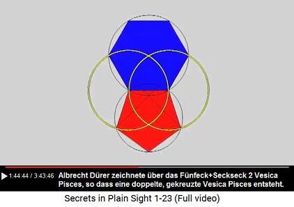 Albrecht
Dürer zeichnete 2 Vesica Pisces über das Fünfeck und
das Sechseck, so dass eine doppelte, gekreuzte
Vagina-Figur entsteht. Albrecht Dürer zeichnete 2 Vesica Pisces über
das Fünfeck und das Sechseck, so dass eine doppelte,
gekreuzte Vagina-Figur entsteht.