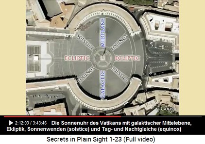 Der Vatikan-Vorplatz
mit Sonnenuhr 02 mit Galaktischer Mittelebene,
Ekliptik, Sonnenwende (englisch: solstice) und
Tag- und Nachtgleiche (englisch: equinox) Der Vatikan-Vorplatz mit Sonnenuhr 02 mit
Galaktischer Mittelebene, Ekliptik, Sonnenwende
(englisch: solstice) und Tag- und Nachtgleiche
(englisch: equinox)