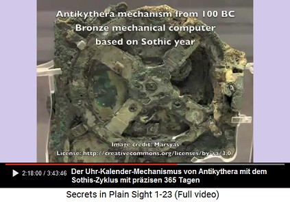 Der Uhr-Kalendermechanismus, der
auf der griechischen Insel Antikythera gefunden
wurde, arbeitet mit dem Sothis-Jahr, der genau 365
Tage aufweist Der Uhr-Kalendermechanismus, der auf der
griechischen Insel Antikythera gefunden wurde,
arbeitet mit dem Sothis-Jahr, der genau 365 Tage
aufweist