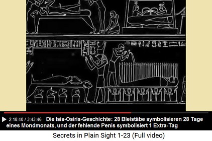 Die
Isis-Geschichte: 28 Bleistäbe stecken im Körper
von Osiris - und der Penis wird vermisst und wird
in Gold angesetzt - das Symbol für 1 Extra-Tag im
Mondkalender Die Isis-Geschichte: 28 Bleistäbe stecken im
Körper von Osiris - und der Penis wird vermisst
und wird in Gold angesetzt - das Symbol für 1
Extra-Tag im Mondkalender