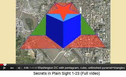 Washington DC with pentagram, cube, triangles
                    and unfinished pyramid