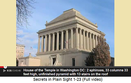 Washington DC, the House of the
                                    Temple with 2 sphinxes, 33 columns,
                                    and with another unfinished pyramid
                                    with 13 steps [it seems this is
                                    symbolic for 33 steps]