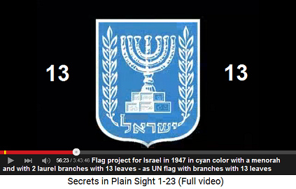 Israel flag project of 1947
with a menorah and laurel branches with 13 leaves
being symbol for the female moon year Israel flag project of 1947 with a menorah and
laurel branches with 13 leaves being symbol for the
female moon year