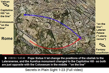 Pope Sixtus V
let change the positions of the obelisk to the
Lateranense, and the Marcus Aurelius monument was
changed from Lateranense to the Capitoline Hill,
all just "on the line" with the
Colosseum, Vatican and fantasy crucifixion of
fantasy Jesus Pope Sixtus V let change the positions of the
obelisk to the Lateranense, and the Marcus
Aurelius monument was changed from Lateranense to
the Capitoline Hill, all just "on the
line" with the Colosseum, Vatican and fantasy
crucifixion of fantasy Jesus