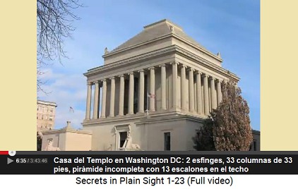 Washington DC, la Casa del
                                    Templo con 2 esfinges, 33 columnas
                                    de 33 pies, pirmide incompleta con
                                    13 escalones en el techo