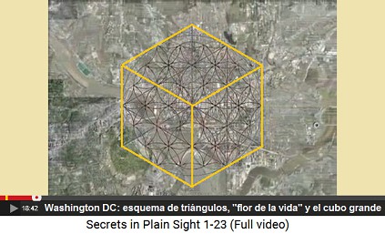 Washington DC con el esquema de triángulos                         de millas reales: sale una flor de la vida y un                         cubo grande con una longitud de arista de 2                         millas reales de Edimburgo