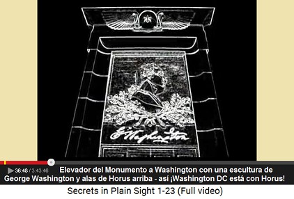 Monumento a Washington: el elevador muestra en
                    su interior una escultura de Washington y las alas
                    de Horus en el techo